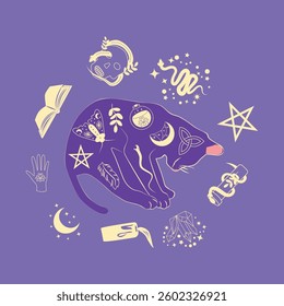 Mystical cat in boho style surrounded by stars, zodiac signs, balls, paw prints, silhouette collection. Esotericism and mysticism, occultism. Cartoon flat vector illustration.