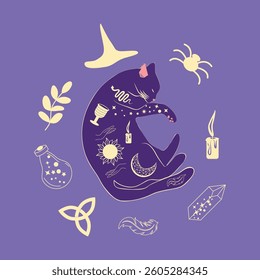 Mystical cat in boho style surrounded by stars, zodiac signs, balls, paw prints, silhouette collection. Esotericism and mysticism, occultism. Cartoon flat vector illustration.