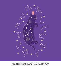 Mystical cat in boho style surrounded by stars, zodiac signs, balls, paw prints, silhouette collection. Esotericism and mysticism, occultism. Cartoon flat vector illustration.