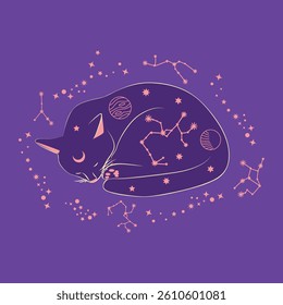 Mystical cat in boho style surrounded by stars, zodiac signs, balls, paw prints, silhouette collection. Esotericism and mysticism, occultism. Cartoon flat vector illustration.