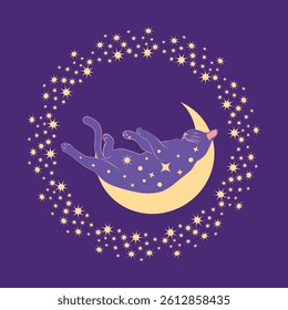 Mystical cat in boho style surrounded by stars, zodiac signs, balls, paw prints, silhouette collection. Esotericism and mysticism, occultism. Cartoon flat vector illustration.