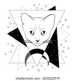 Mystical cat in boho style. Vector magic cat silhouette with crescent for printing on cards, wall, T-shirt, tattoo, social media post and stories Gothic mystic graphics. Halloween. Wicca.