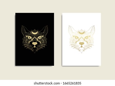 Mystical cat with ethnic floral ornament decoration and moon symbol, with sketch style or line art. For tarot reader, spiritual guidance, witchcraft, tatoo, t shirt, sticker