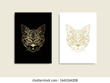 Mystical cat with ethnic floral ornament decoration , with sketch style or line art. For tarot reader, spiritual guidance, witchcraft, tatoo, t shirt, sticker .eps10