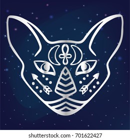 Mystical cat face with esoteric hieroglyphic symbols Egyptian cat face vector Sacred animal of ancient Egypt Hand drawn tattoo cat on starry space background for t shirt, tattoo, textile, poster print