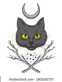 Mystical cat. Hand drawn illustration. T-shirt design. Occultism, paganism and witchcraft. Halloween illustration.