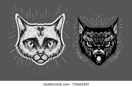Mystical cat heads. Black cat. Hand drawn illustration converted to vector