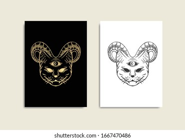 Mystical cat with horns, with sketch style or line art. For tarot reader, spiritual guidance, witchcraft, tatoo, t shirt, sticker