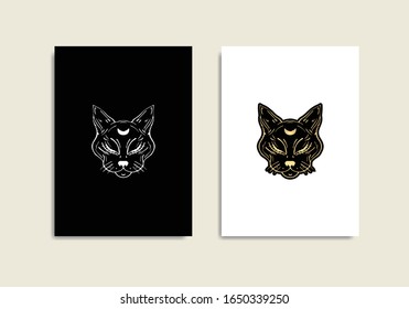 Mystical cat with the moon in black and gold, with sketch style or line art. For tarot reader, spiritual guidance, witchcraft, tatoo, t shirt, sticker