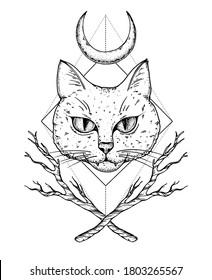 Mystical cat sketch. Hand drawn illustration. T-shirt design. Occultism, paganism and witchcraft. Halloween illustration.