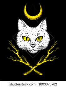 Mystical cat sketch. Hand drawn illustration. T-shirt design. Occultism, paganism and witchcraft. Halloween illustration.