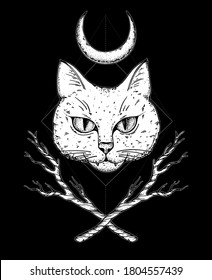 Mystical cat sketch. Hand drawn illustration. T-shirt design. Occultism, paganism and witchcraft. Halloween illustration.