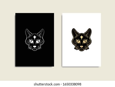 Mystical cat with the star in black and gold, with sketch style or line art. For tarot reader, spiritual guidance, witchcraft, tatoo, t shirt, sticker