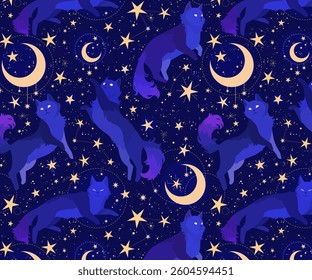 Mystical cats against a backdrop of starry night sky and moons
