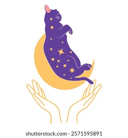 Mystical cats in boho style, silhouette collection. Esotericism and mysticism, occultism. Cartoon flat vector illustrations, isolated