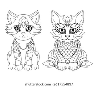 Mystical cats with fantasy zentangle designs, perfect for adult coloring books, mindfulness, DIY crafts, and digital art. High-quality black and white line drawing for print and digital use.