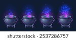 Mystical cauldrons with blue and purple glowing smoke on black background. Cartoon Halloween pot animation stages with brewing potion radiating magical sparkles and steam with spooky monster face.