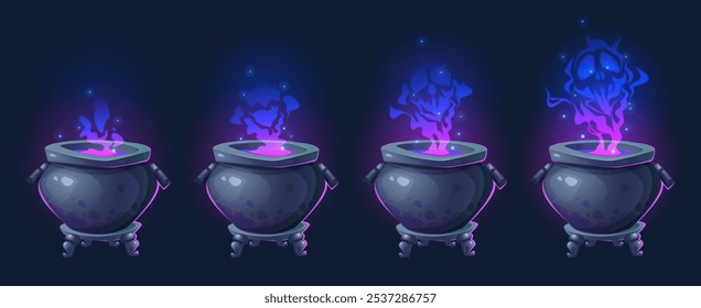 Caldeirões místicos com fumaça azul e roxa brilhante sobre fundo preto. Cartoon Halloween pot animação palcos com poção de cerveja radiando brilhos mágicos e vapor com rosto monstro assustador.