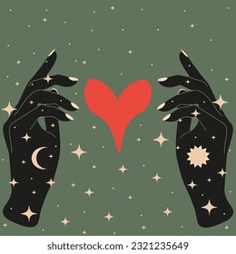 Mystical celectial Woman Hands in retro styled with red heart between them. Tarot Divination. Concept of eternal love. Spiritual magic poster or t-shirt print. Vector illustration.