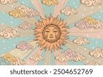 Mystical celestial astrological banner sun with face, solar eclipse, vector esoteric zodiac poster, horoscope, tarot. Universe creation with clouds, stars and sun.