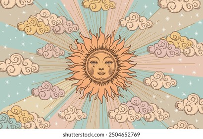 Mystical celestial astrological banner sun with face, solar eclipse, vector esoteric zodiac poster, horoscope, tarot. Universe creation with clouds, stars and sun.