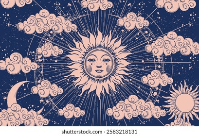 Mystical celestial astrology banner with sun with face, vector esoteric poster of zodiac, horoscope, tarot. Creation of the Universe with clouds, stars, moon and sun.