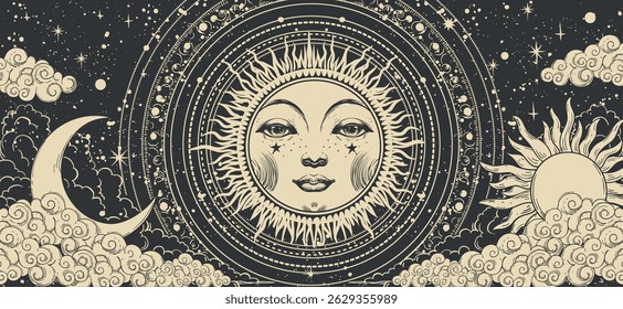 Mystical celestial astrology banner with sun and moon with face, vector esoteric poster of zodiac, horoscope, tarot. Creation of the Universe with clouds, stars and sun.