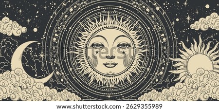 Mystical celestial astrology banner with sun and moon with face, vector esoteric poster of zodiac, horoscope, tarot. Creation of the Universe with clouds, stars and sun.