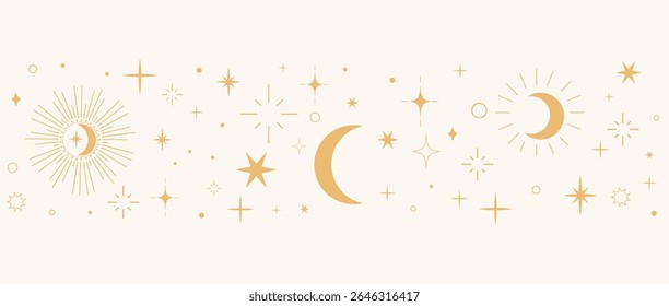 Divisor de borda celeste místico com estrelas, luas e brilhos. Elegante ornamento dourado definido para projetos de tarô, magia e espiritual.