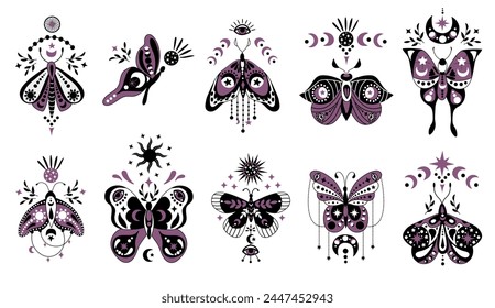 Mariposas celestiales místicas y polillas en estilo boho. Clipart aislados sobre fondo blanco. 