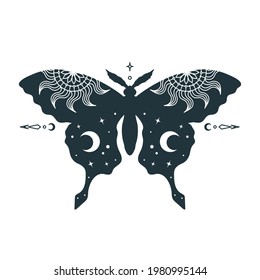 Mystical celestial butterfly. Isolated witchy familiar. Mystery sketch with astronomy ornament. Witchcraft t shirt print. Fantasy drawing with space pattern. Magical art. Vector illustration