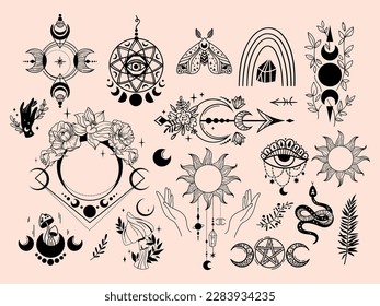 Mystical celestial clipart bundle with cosmic rainbow, moth, arrow symbol, mushroom, withes hands and moon flower and phases, Mysticism isolated vector elements