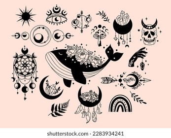 Mystical celestial clipart bundle, Cosmic starry whale with flowers moon, Mysticism and esoteric black and white objects, vector elements