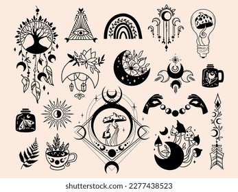 Grupo místico celestial de clipart, misticismo y esotérico, luna de flores, catcher de ensueño, hongos y otros vectores espirituales