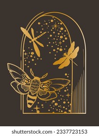 Mystical celestial composition with night window, moth and dragonfly, vector clipart in gold foil texture on dark background, magic lunar insect silhouettes, isolated dessign element