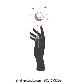 Mystical celestial crescent moon over woman hand in vintage style. Spiritual elegant symbol for branding name logo. Esoteric magic Vector illustration