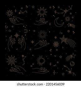 Mystical and Celestial elements with stars, planets, moons and hands. Cosmic starry zodiac elements. Occult, Esoteric vector design.