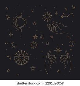 Mystical and Celestial elements with stars, planets, moons and hands. Cosmic starry zodiac elements. Occult, Esoteric vector design.