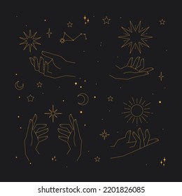 Mystical and Celestial elements with stars, planets, moons and hands. Cosmic starry zodiac elements. Occult, Esoteric vector design.