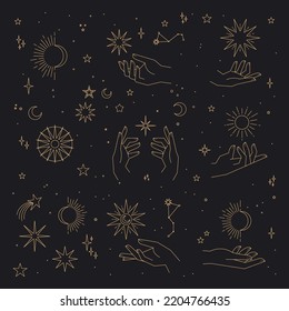 Mystical and Celestial elements with stars, planets, moons and hands. Cosmic starry zodiac elements. Occult, Esoteric vector design.