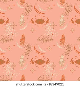 Ojo celestial místico y patrón transparente de cristal. Abstractas fondo de Vector esotérico con lunas mágicas, estrellas y geometría sagrada en estilo boho.
