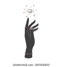 Mystical celestial eye over woman hand. Spiritual elegant symbol for branding name logo. Esoteric magic Vector illustration.
