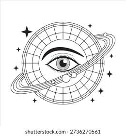 A mystical celestial eye peers from a vibrant circular mosaic frame, capturing cosmic wonder. Surrounded by shimmering Saturn rings and a tapestry of glowing stars, this spiritual artwork blends ancient geometry with deep space aesthetics for a truly transcendent visual experience.