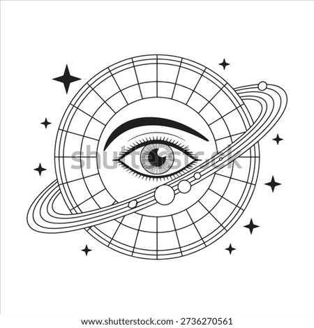 A mystical celestial eye peers from a vibrant circular mosaic frame, capturing cosmic wonder. Surrounded by shimmering Saturn rings and a tapestry of glowing stars, this spiritual artwork blends ancient geometry with deep space aesthetics for a truly transcendent visual experience.