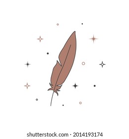 Mystical celestial feather in flat style. Spiritual elegant quill for branding name logo. Esoteric magic Vector illustration