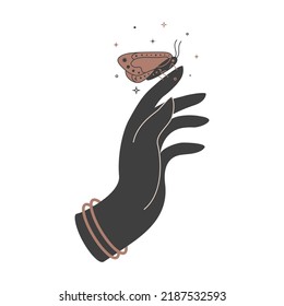 Mystical celestial feminine hand and golden moth with stars. Spiritual boho butterfly for branding name logo cosmetic salon and shop. Esoteric magical temporary tattoo. Vector illustration