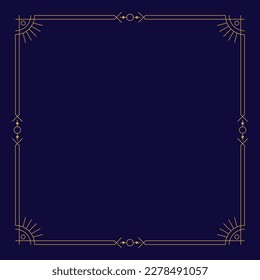 Mystical celestial golden frame with place for text on dark blue. Elegant border, card, banner, background for horoscope, astrology, natal chart boho style design vector illustration