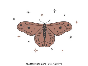 Mystical celestial golden moth with stars. Spiritual elegant butterfly for branding name logo cosmetic salon and shop. Esoteric magical temporary tattoo. Doodle Vector illustration