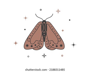 Mystical celestial golden moth with stars. Spiritual boho butterfly for branding name logo cosmetic salon and shop. Esoteric magical temporary tattoo. Doodle Vector illustration