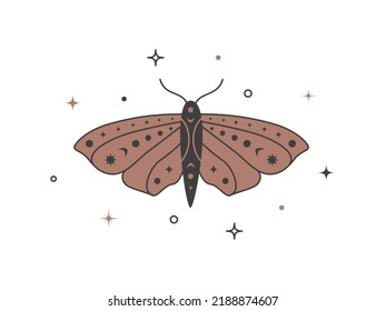 Mystical celestial golden moth with stars. Spiritual elegant butterfly for branding name logo cosmetic salon and shop. Esoteric magical temporary tattoo. Vector illustration